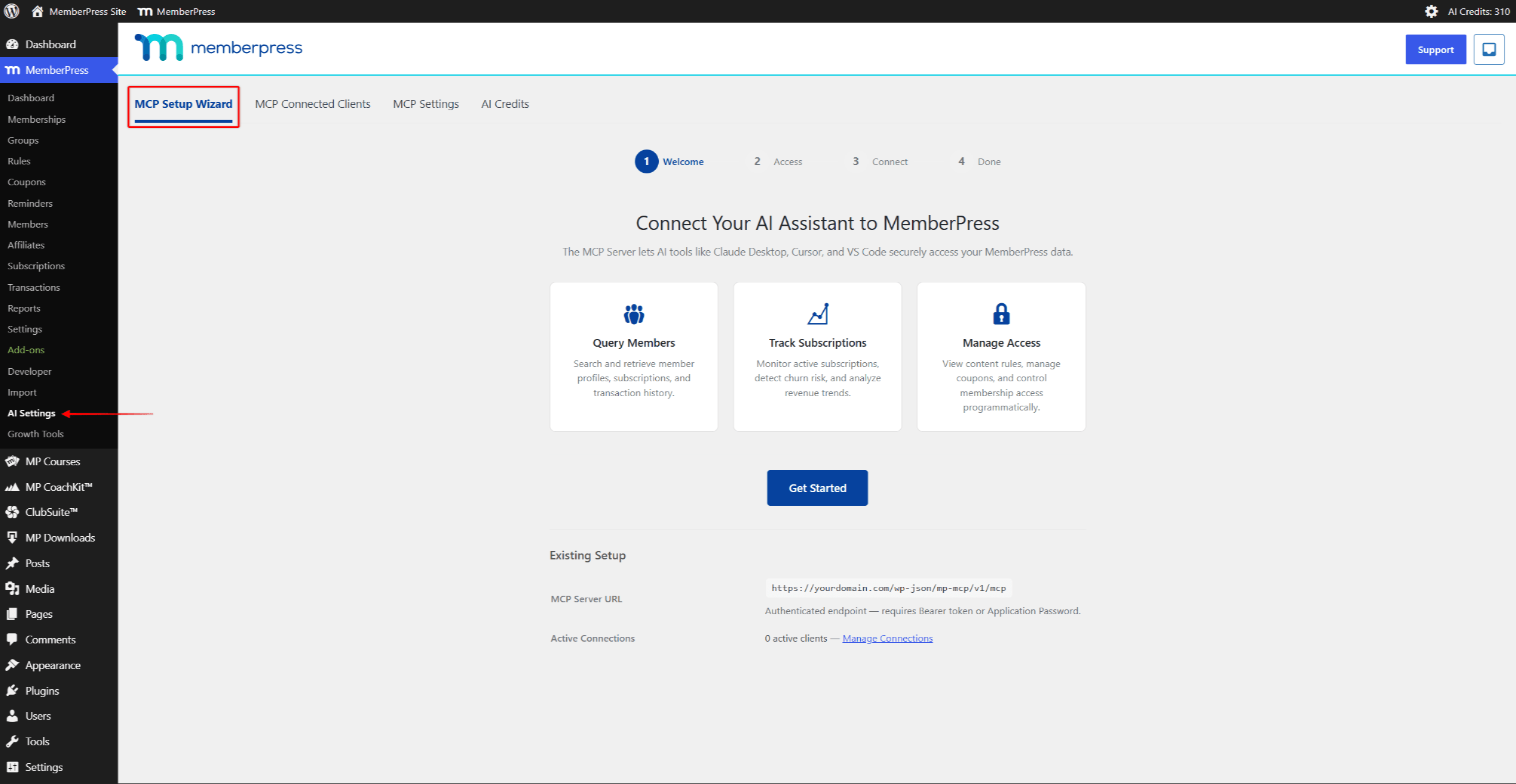 The MCP Setup Wizard tab on the MemberPress AI Settings page