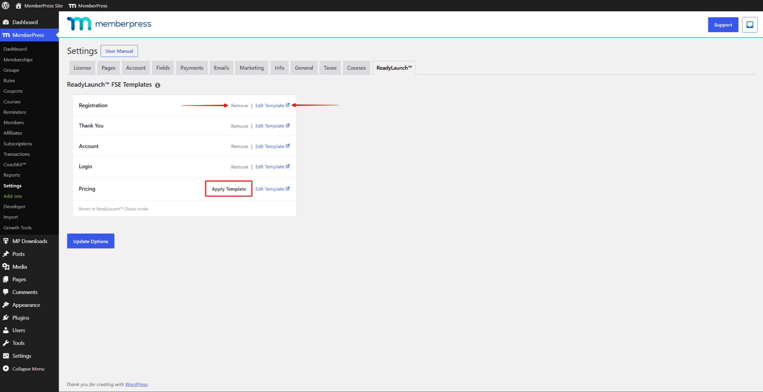 The FSE templates table after enabling