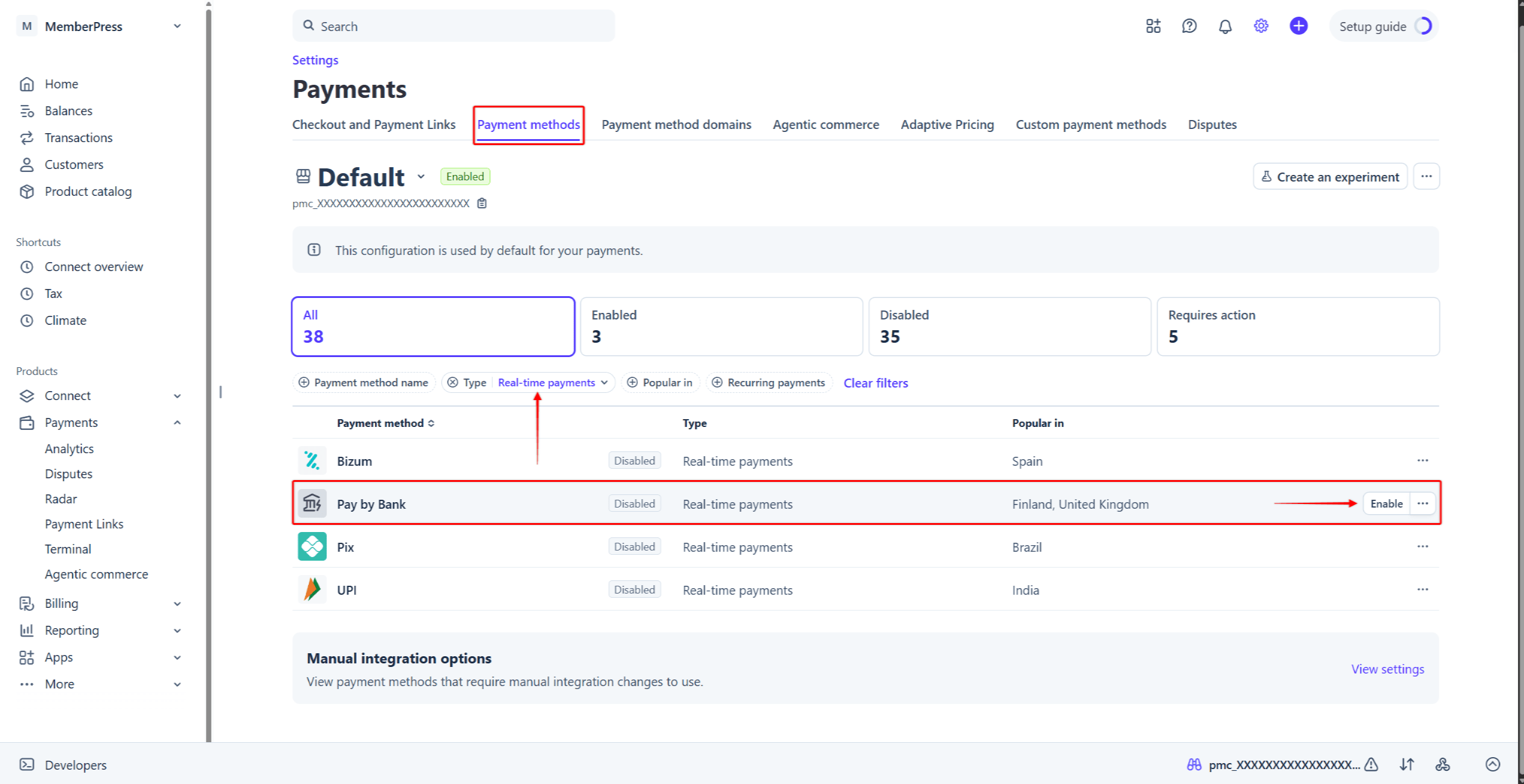Pay by Bank in Stripe Dashboard