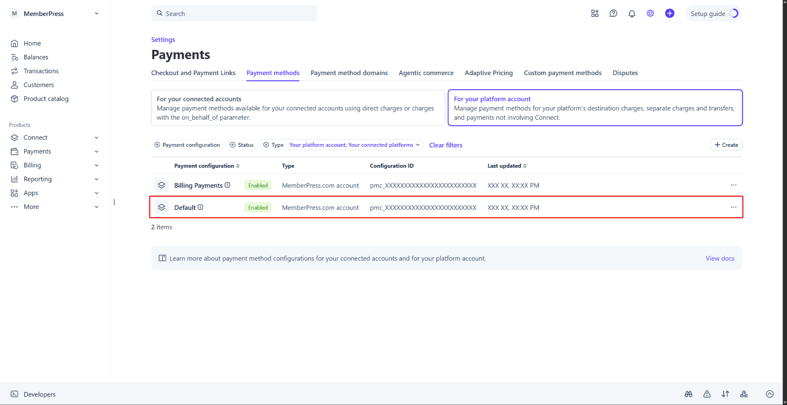 mepr-stripe-configurações-de-métodos-de-pagamento | MemberPress Payment method configurations list in Stripe