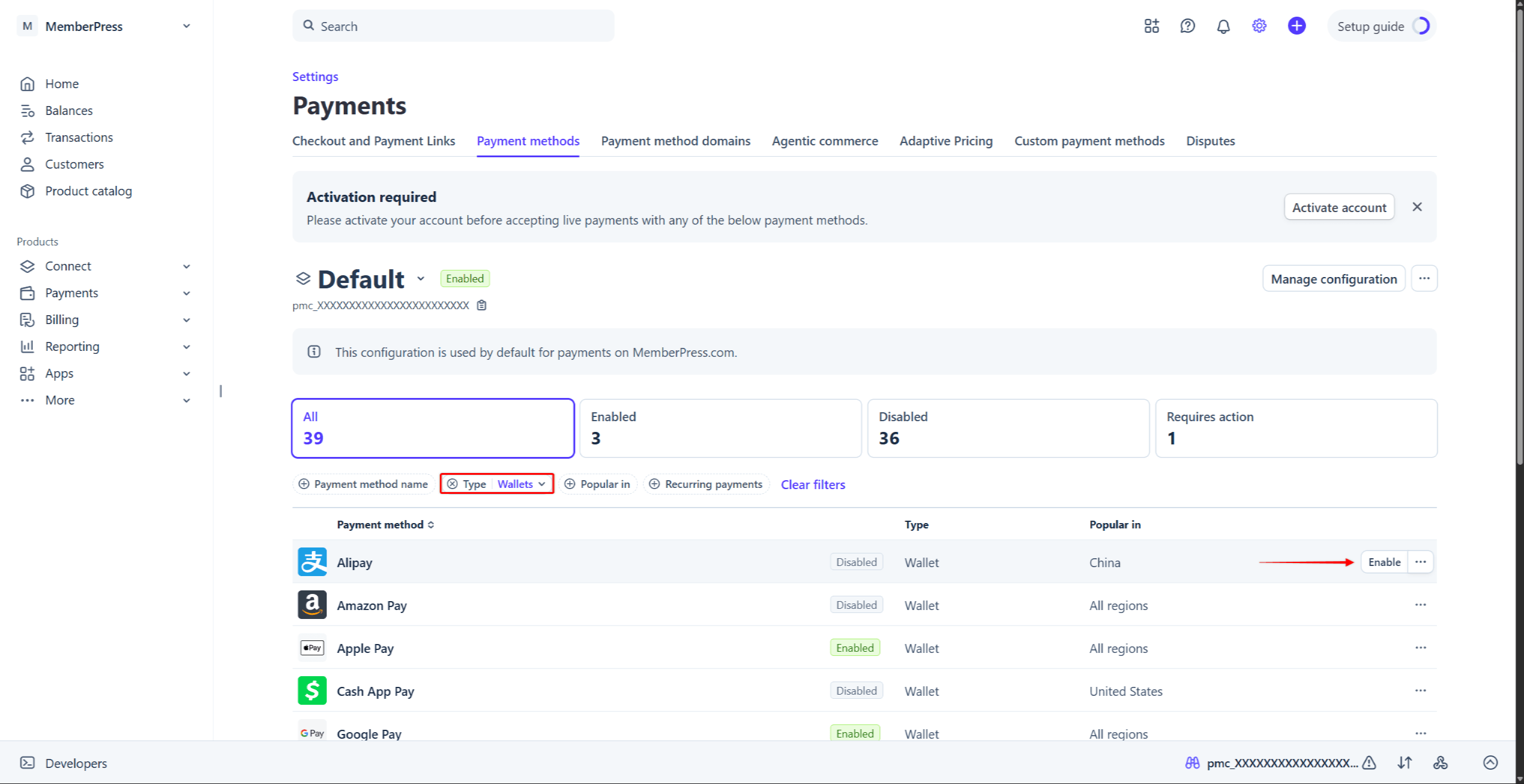 mepr-stripe-lista-de-formas-de-pagamento | MemberPress Enabling a payment method in Stripe
