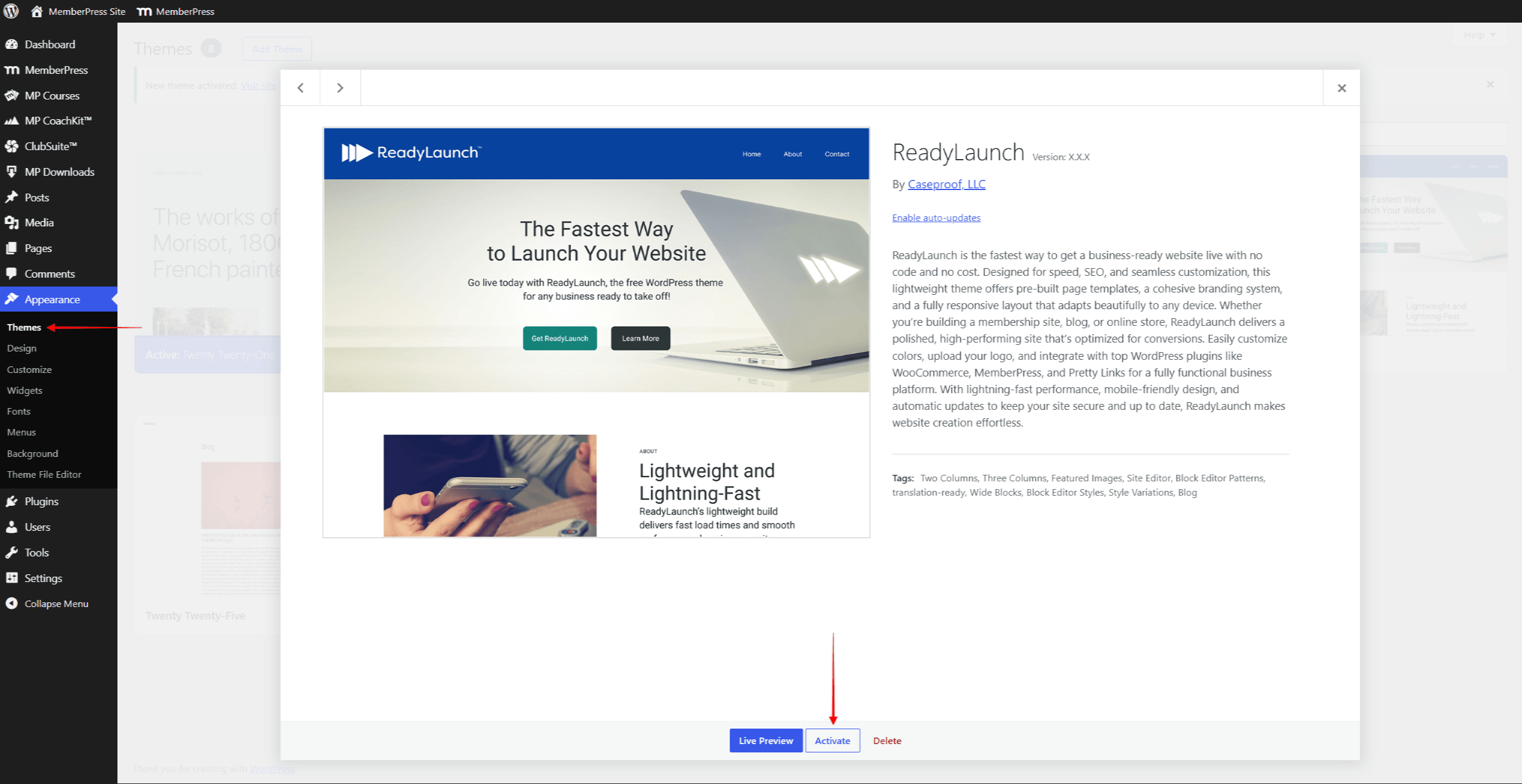 rlt-activating-theme | MemberPress The ReadyLaunch™ theme card on the Dashboard > Appearance > Themes page
