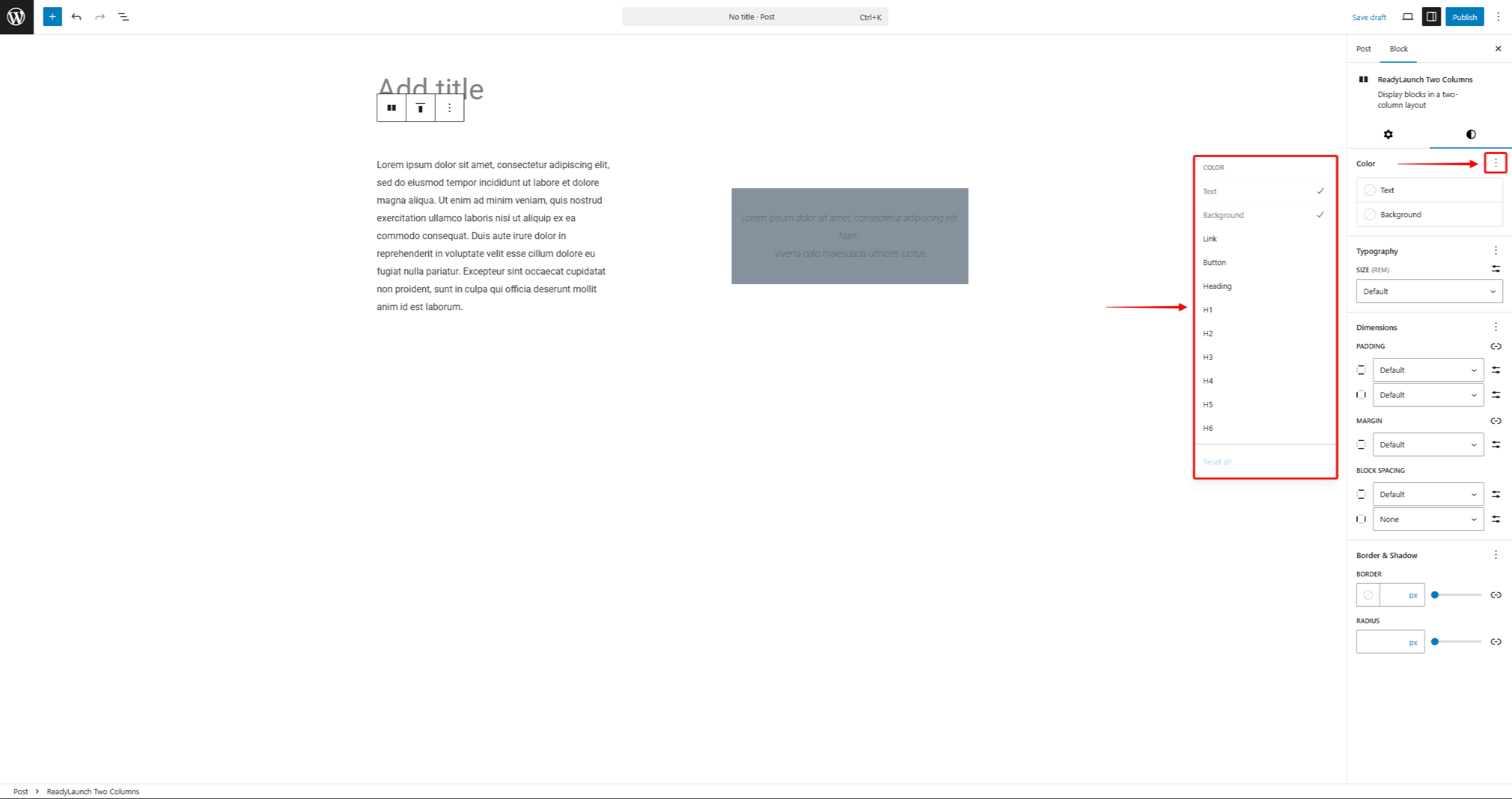 rlt-additional-customization-options | MemberPress The 3-dot icon revealing hidden options in the block settings panel