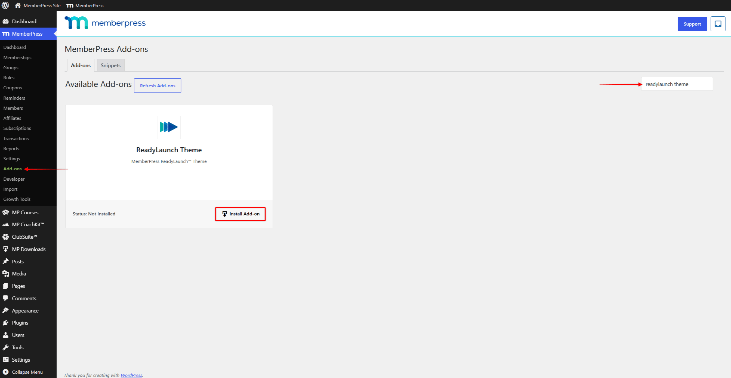 rlt-addons-page | MemberPress The ReadyLaunch™ Theme card on the Dashboard > MemberPress > Add-ons page