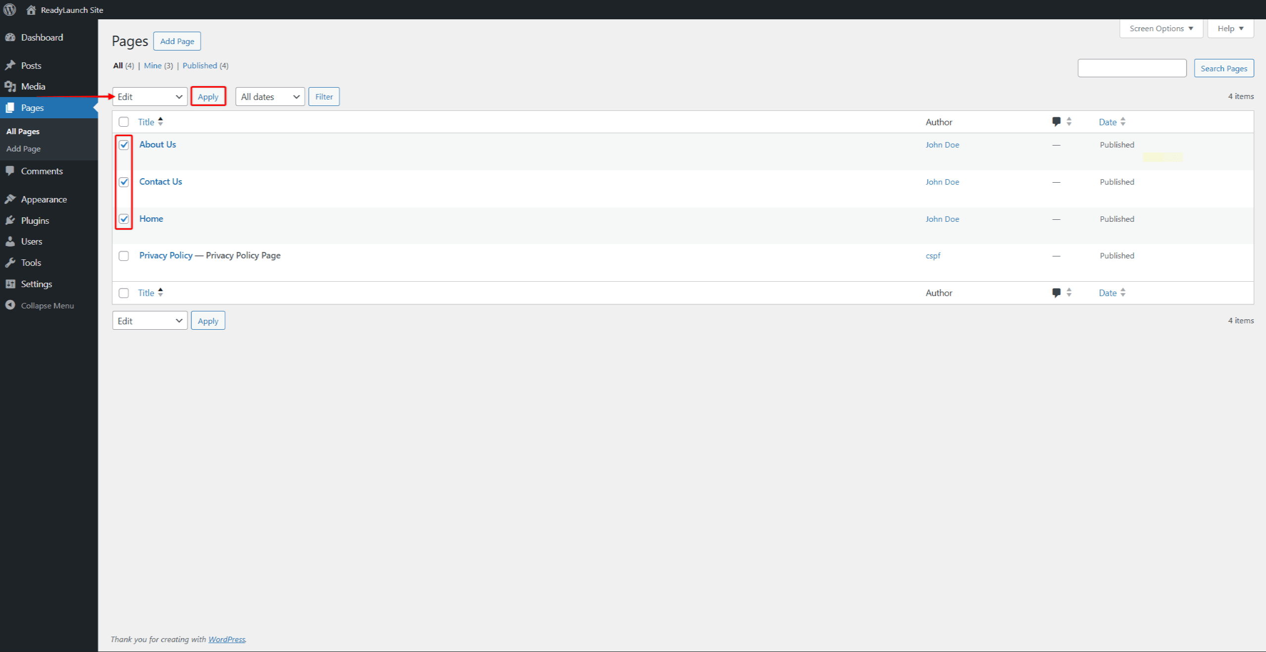 rlt-bulk-actions | MemberPress The Bulk actions dropdown with the Edit option on the Pages list