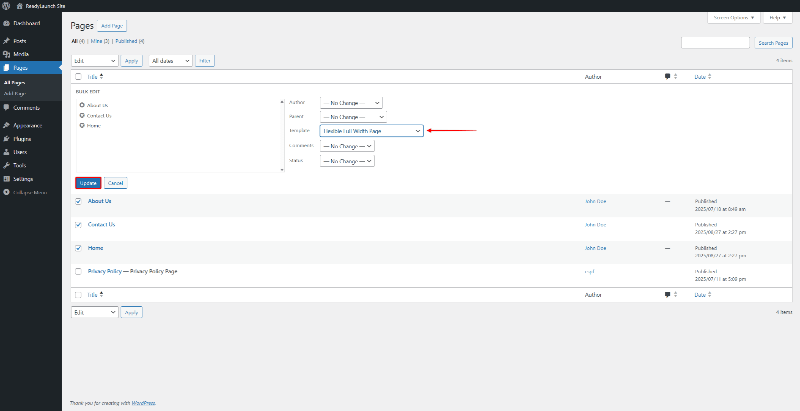 rlt-bulk-change-template | MemberPress The Template dropdown in the Quick Edit panel