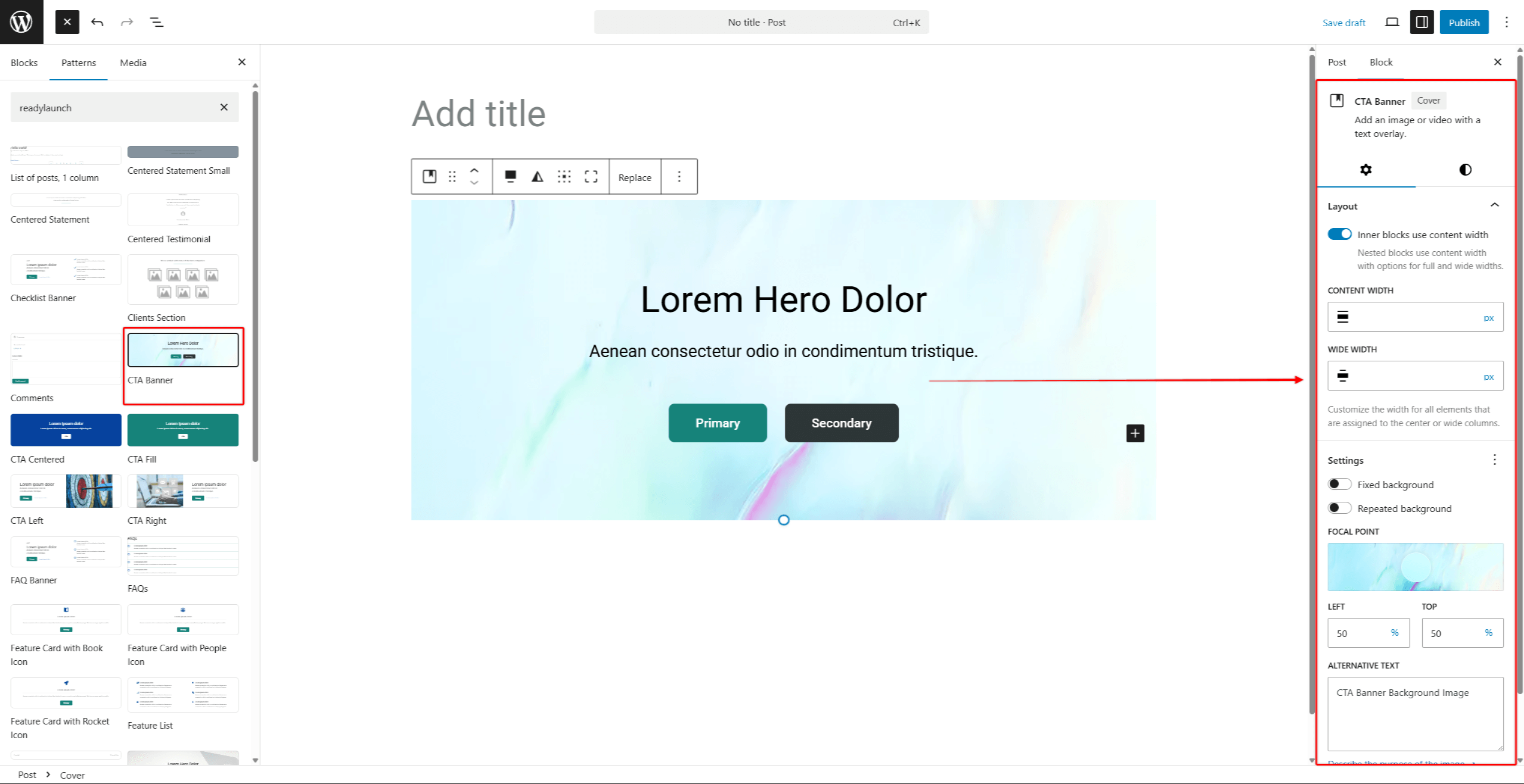 rlt-customize-patterns | MemberPress A selected pattern with the settings panel open in the Post editor
