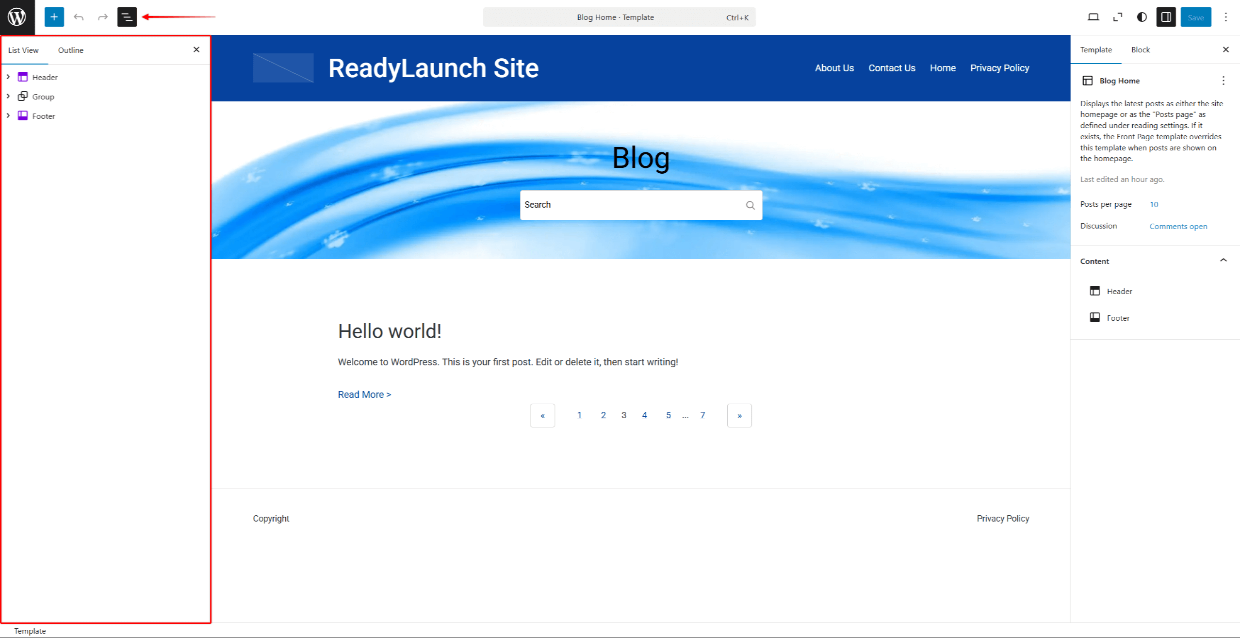 rlt-document-overview | MemberPress The Document Overview panel showing the block list in the Site Editor