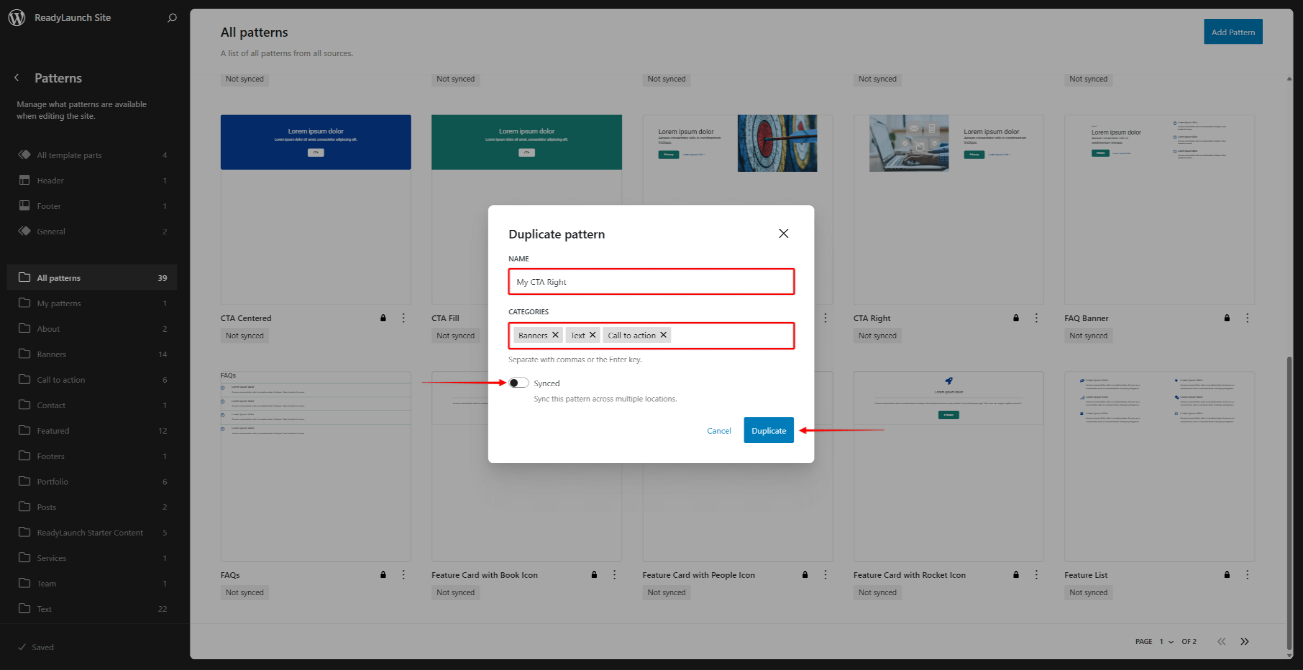 rlt-duplicate-patterns-settings | MemberPress The duplicate pattern settings with the Name, Categories, and Synced options