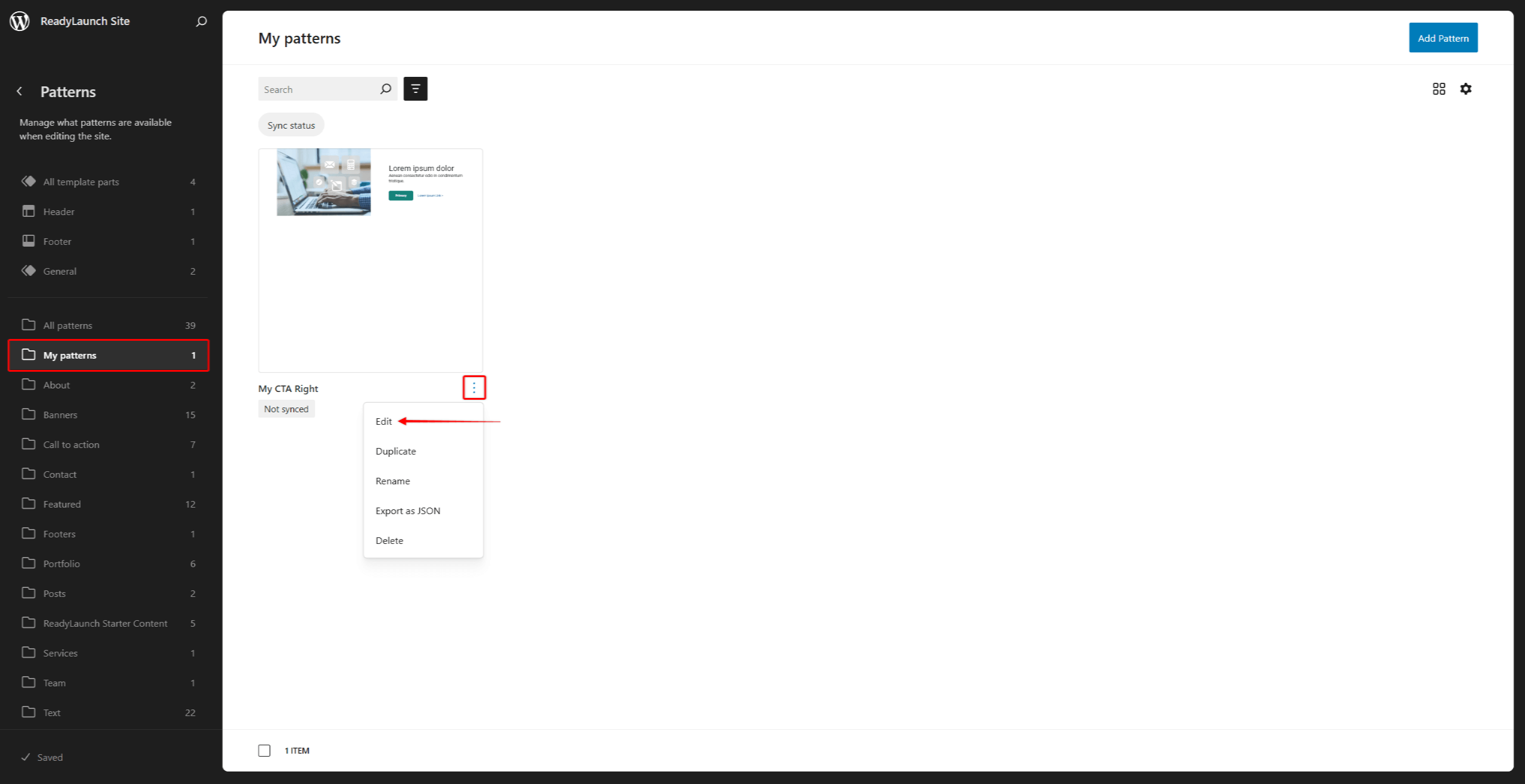 rlt-edit-patterns | MemberPress The pattern options menu under My patterns
