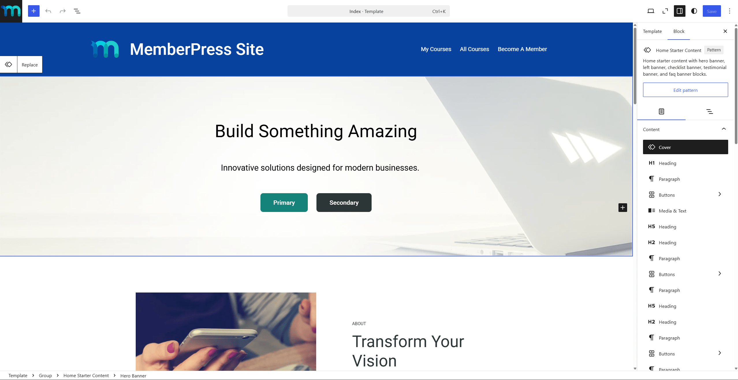 rlt-editing-templates | MemberPress A ReadyLaunch™ template opened in the template editor