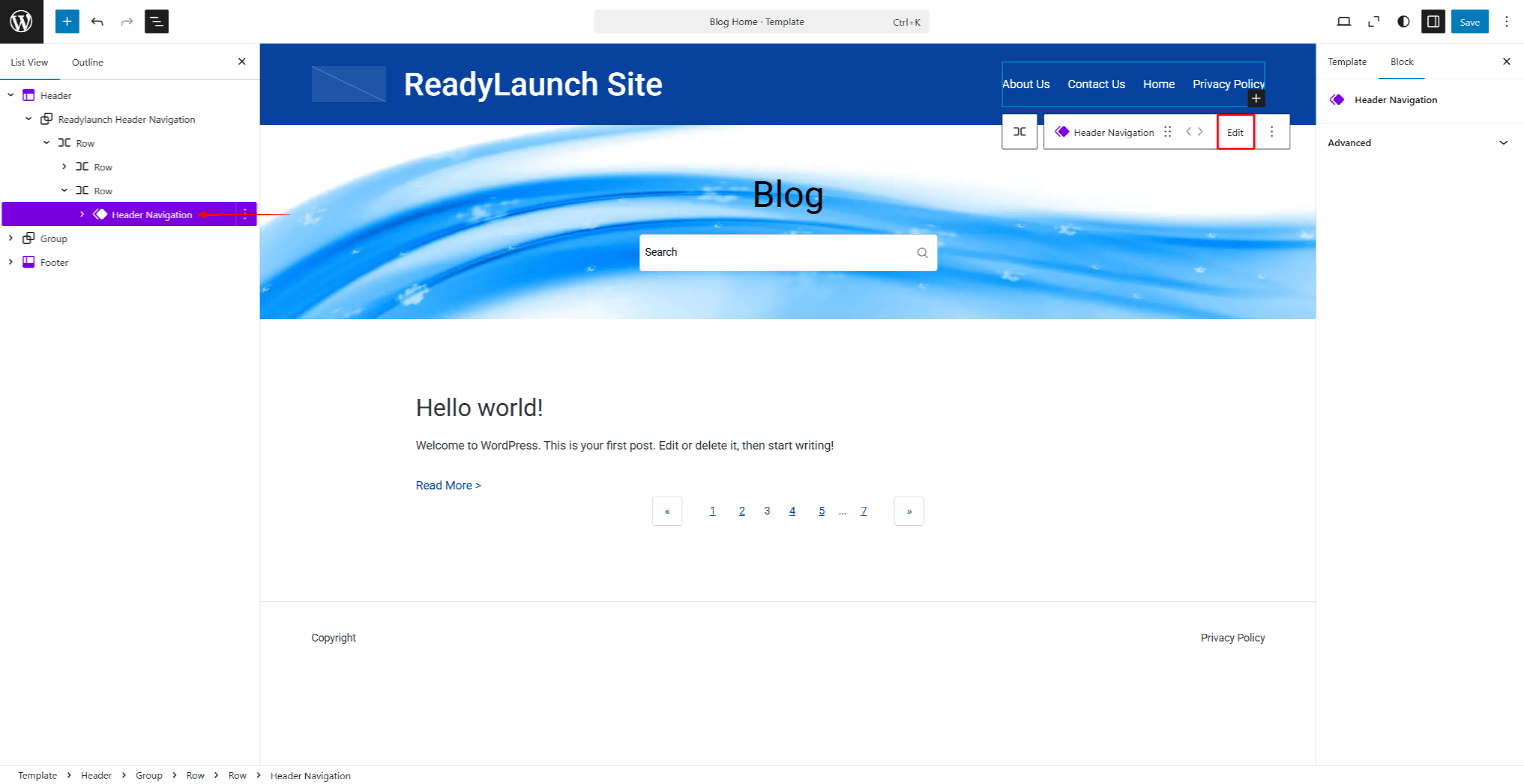 rlt-header-navigation-block | MemberPress The Header Navigation block with the Edit option