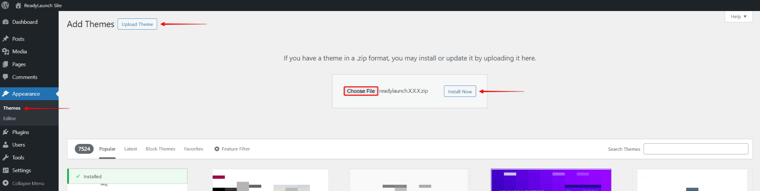 rlt-manual-installation-1-0 | MemberPress The Upload Theme button on the Add Themes page