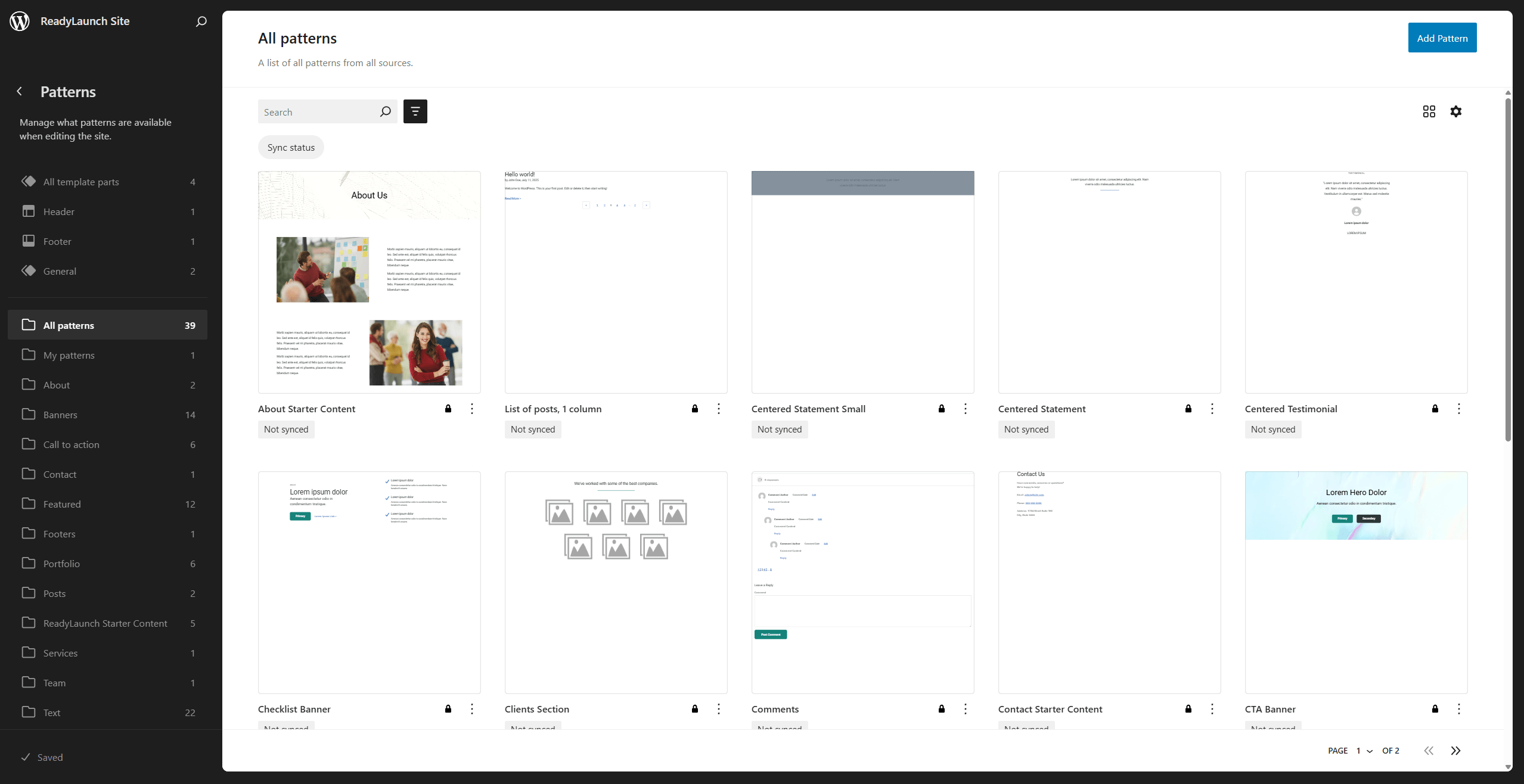 rlt-patterns | MemberPress The Patterns page in the Site Editor showing ReadyLaunch™ patterns