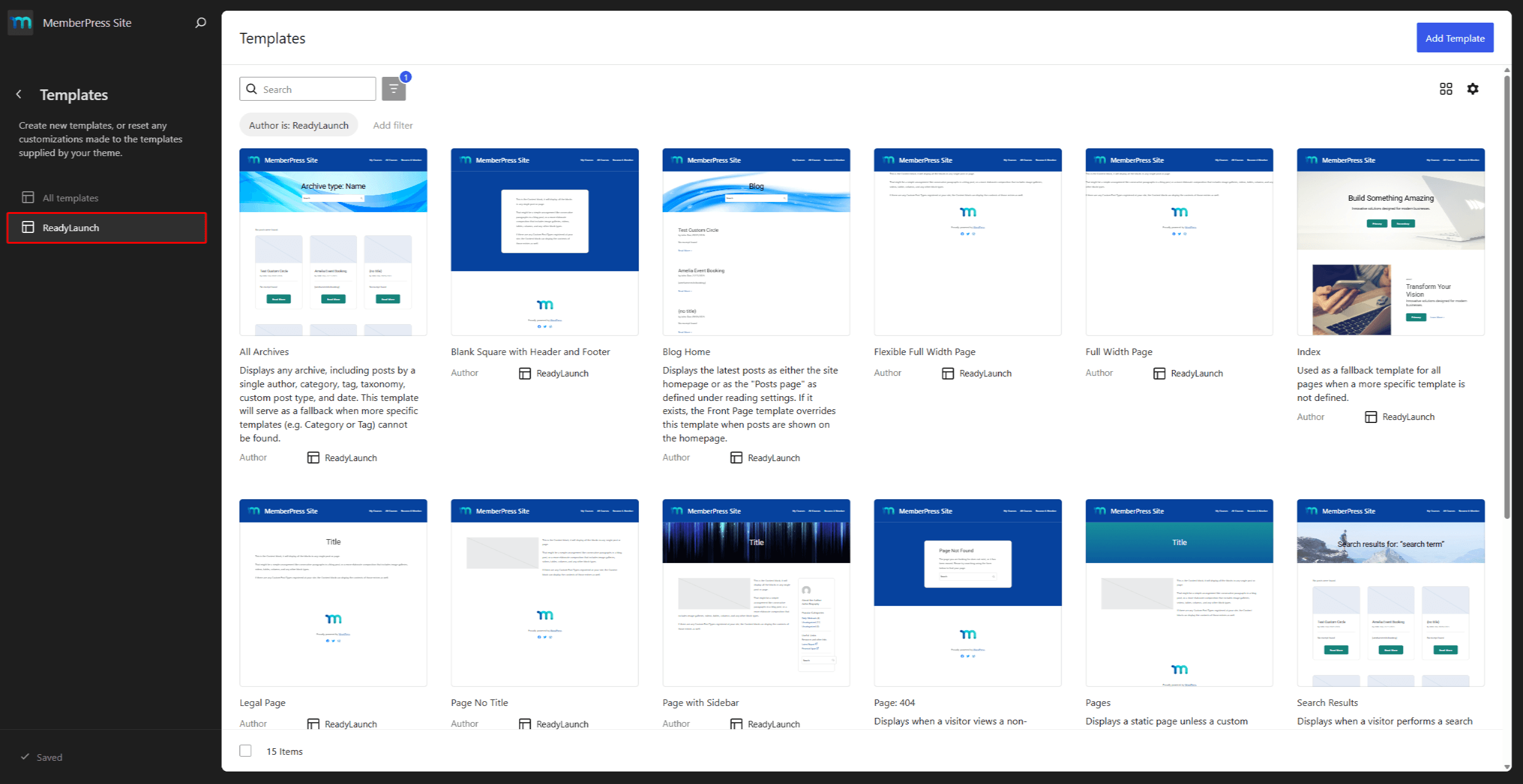 rlt-readylaunch-templates | MemberPress The ReadyLaunch™ filter on the Templates page in the Site Editor