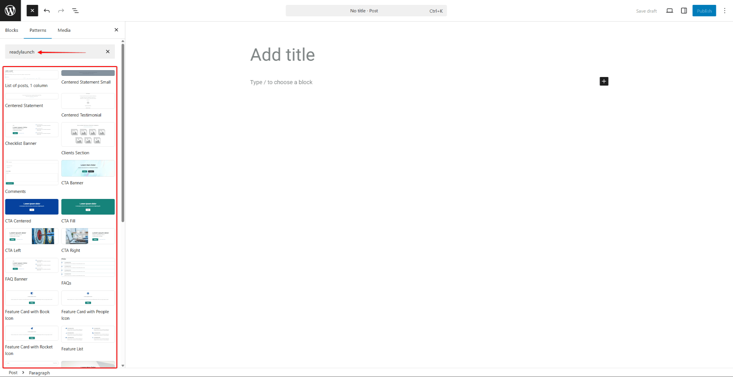 rlt-search-readylaunch-patterns | MemberPress ReadyLaunch™ patterns shown in the Block inserter search results