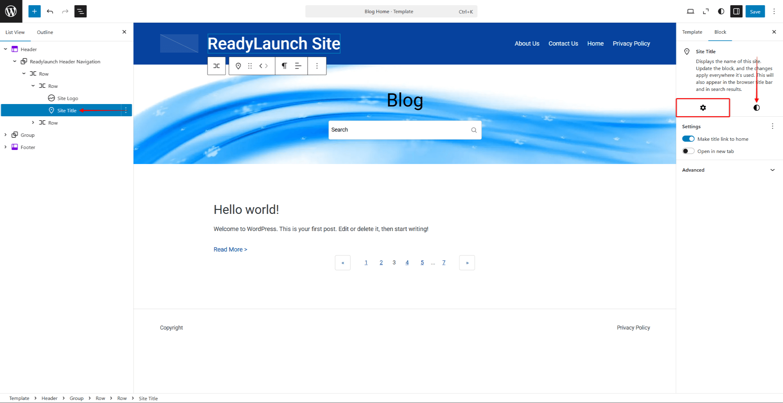 rlt-site-title-block | MemberPress The Site Title block options in the Site Editor