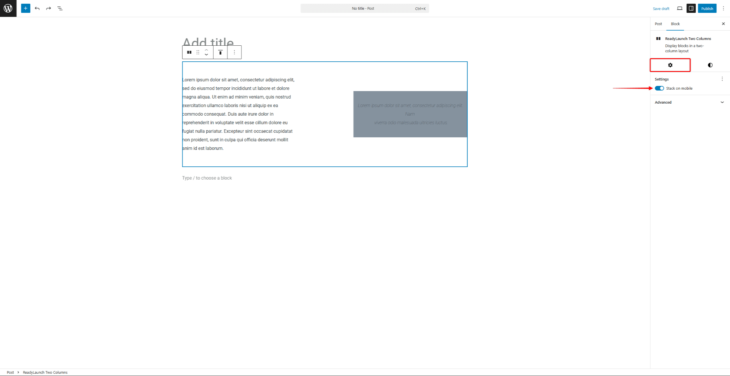 rlt-two-columns-block-settings | MemberPress The Settings tab options for the ReadyLaunch™ Two Columns block