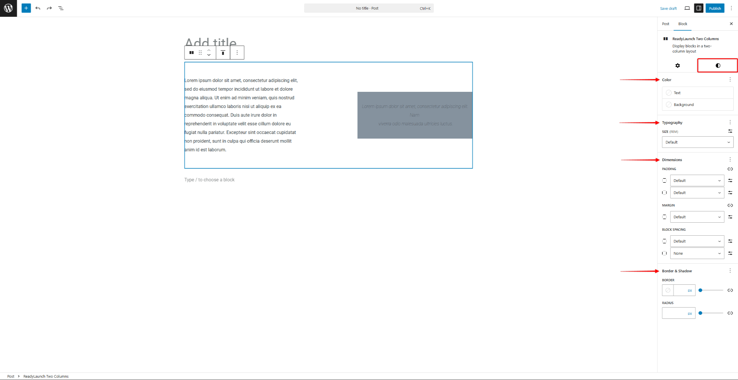 rlt-two-columns-block-styles | MemberPress The Styles tab options for the ReadyLaunch™ Two Columns block