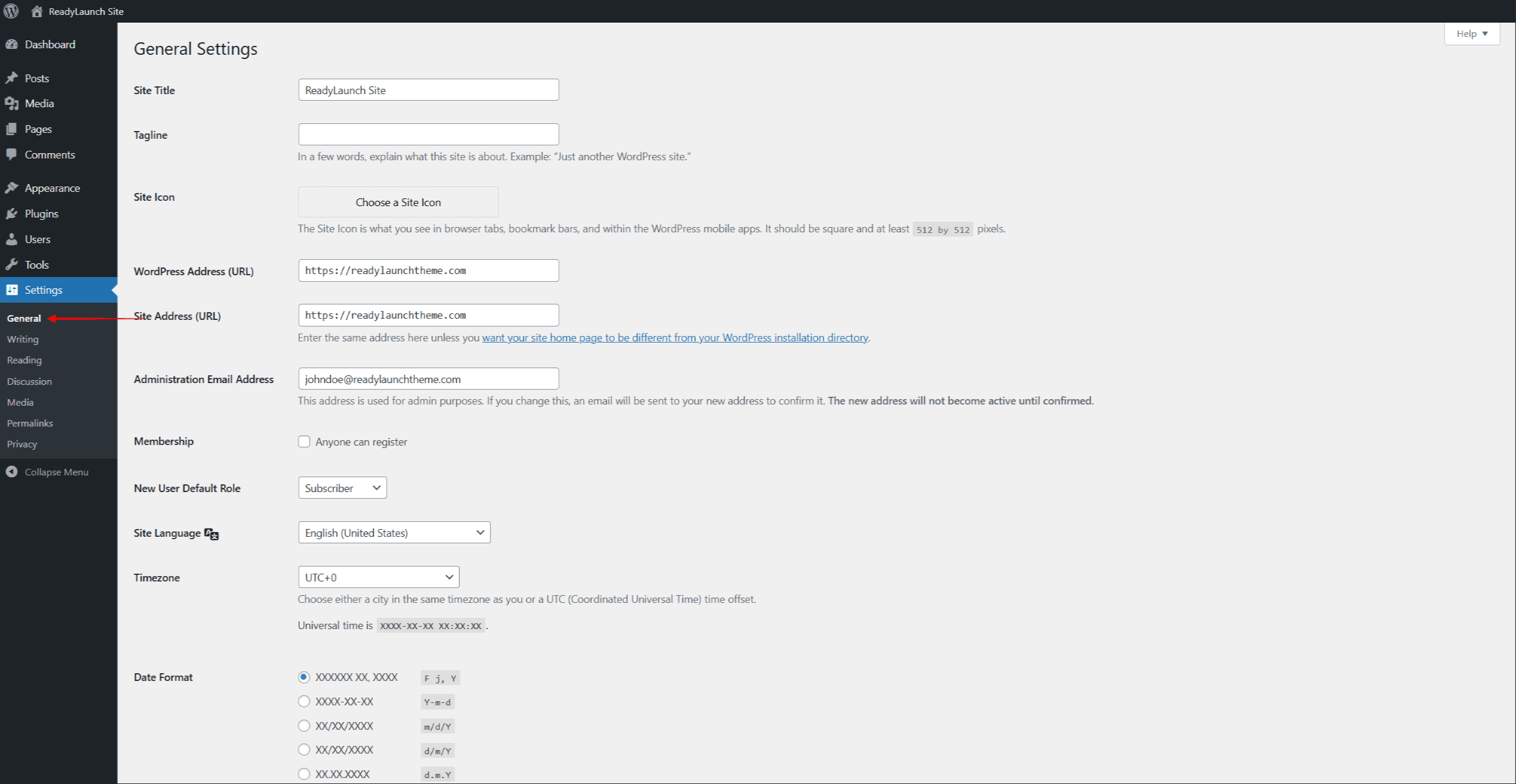 rlt-wordpress-general | MemberPress The General Settings page under Dashboard > Settings > General