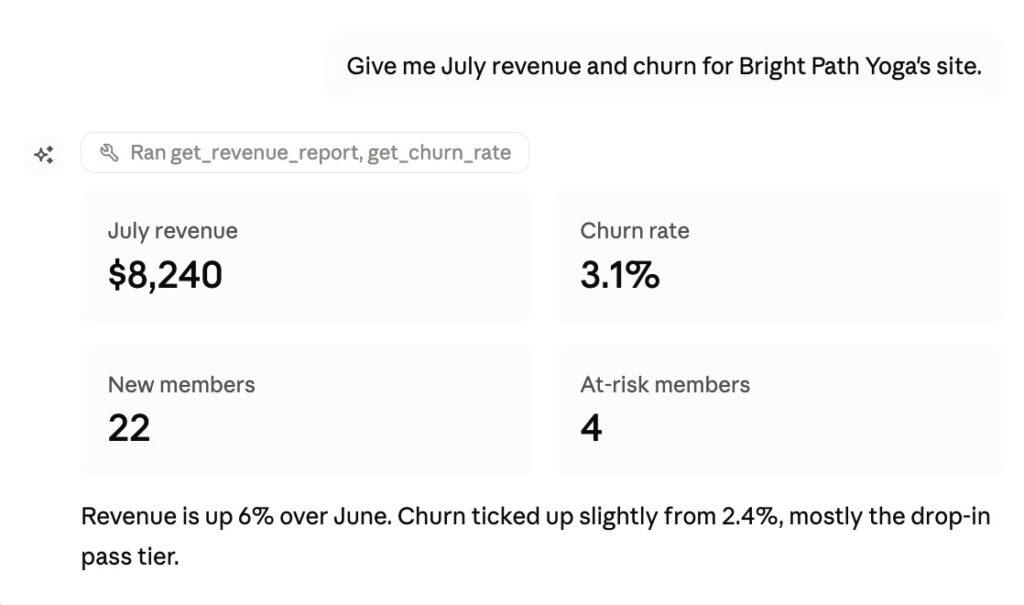 Screenshot of Claude Using MemberPress MCP to calculate churn rate