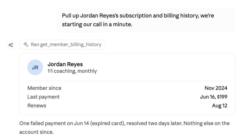 Screenshot of a Claude Desktop chat connected to MemberPress AI Foundation. A coach asks Claude to pull up a client's subscription and billing history right before a call starts. Claude runs the get_member_billing_history MCP tool and returns a client card showing plan, member-since date, last payment, upcoming renewal, and a note about a previously resolved failed payment.