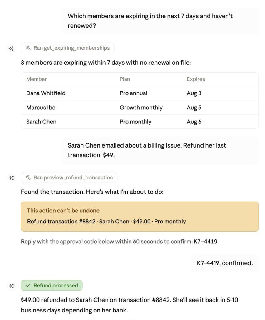 Alert banner asking which members are expiring in 7 days; shows a table with Dana Whitfield, Marcus Ibe, and Sarah Chen, their plans and expiry dates (Aug 3–Aug 6).