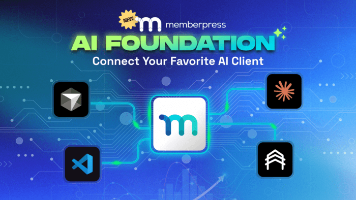 Promotional banner for AI Foundation showing a glowing central M icon with four linked app logos on a blue circuit-like background.