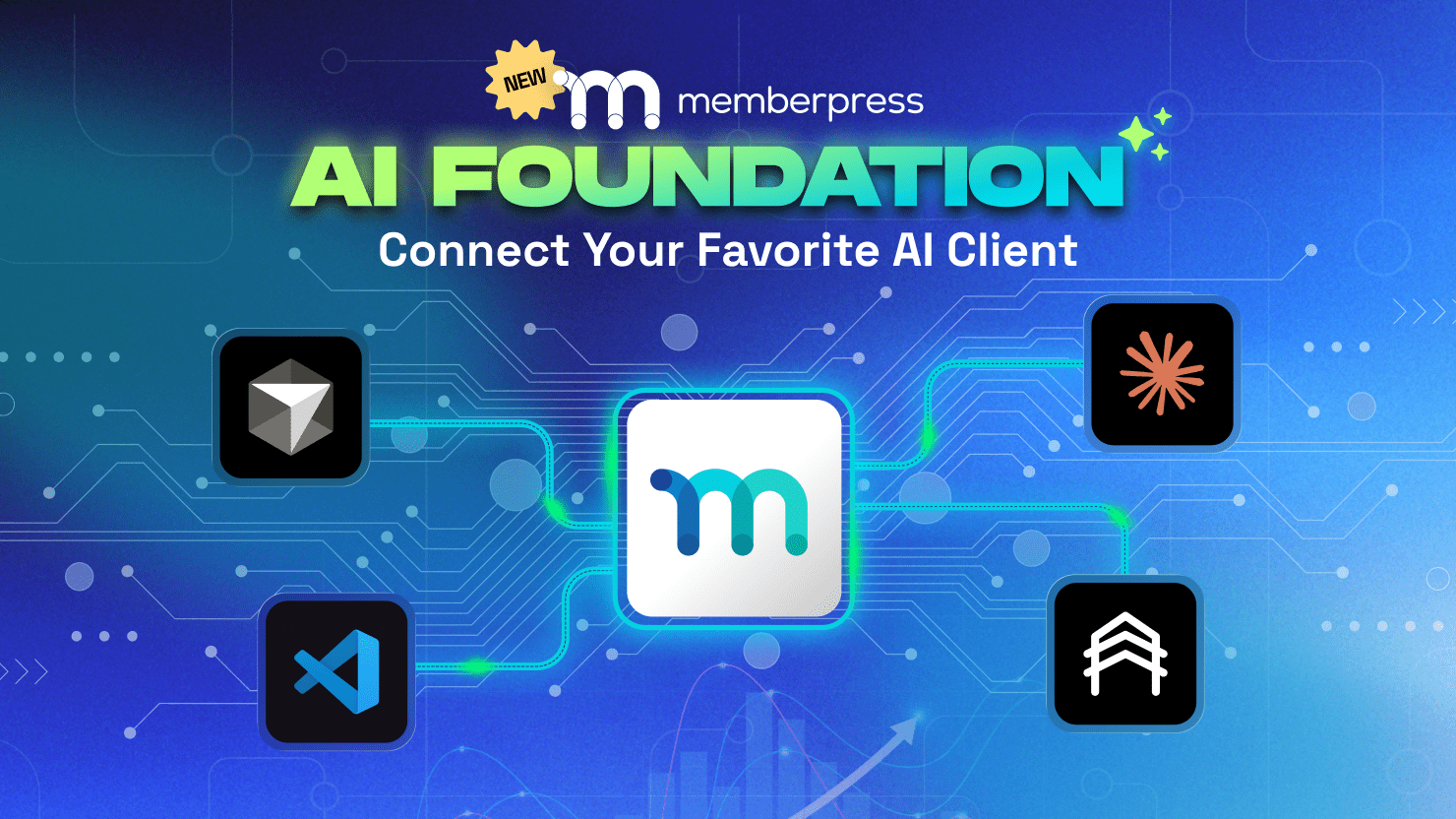 Promotional banner for AI Foundation showing a glowing central M icon with four linked app logos on a blue circuit-like background.