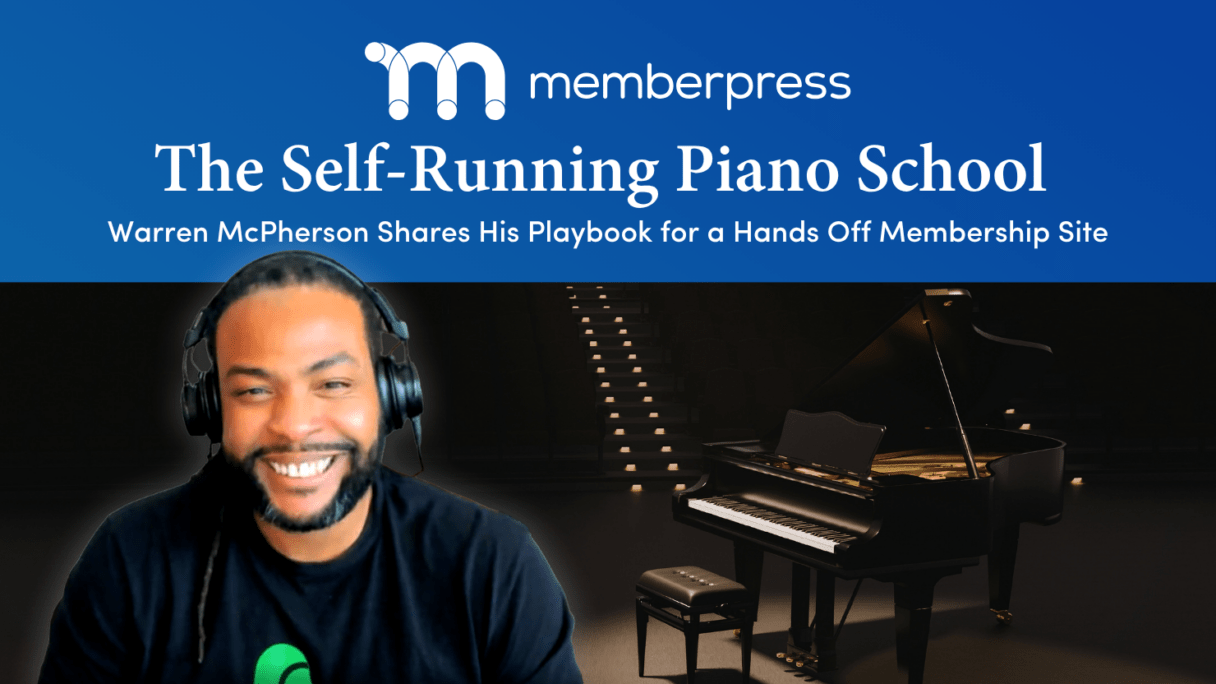 Cartel de «The Self-Running Piano School» en el que aparece un hombre sonriente con auriculares junto a un piano de cola en un escenario oscuro.
