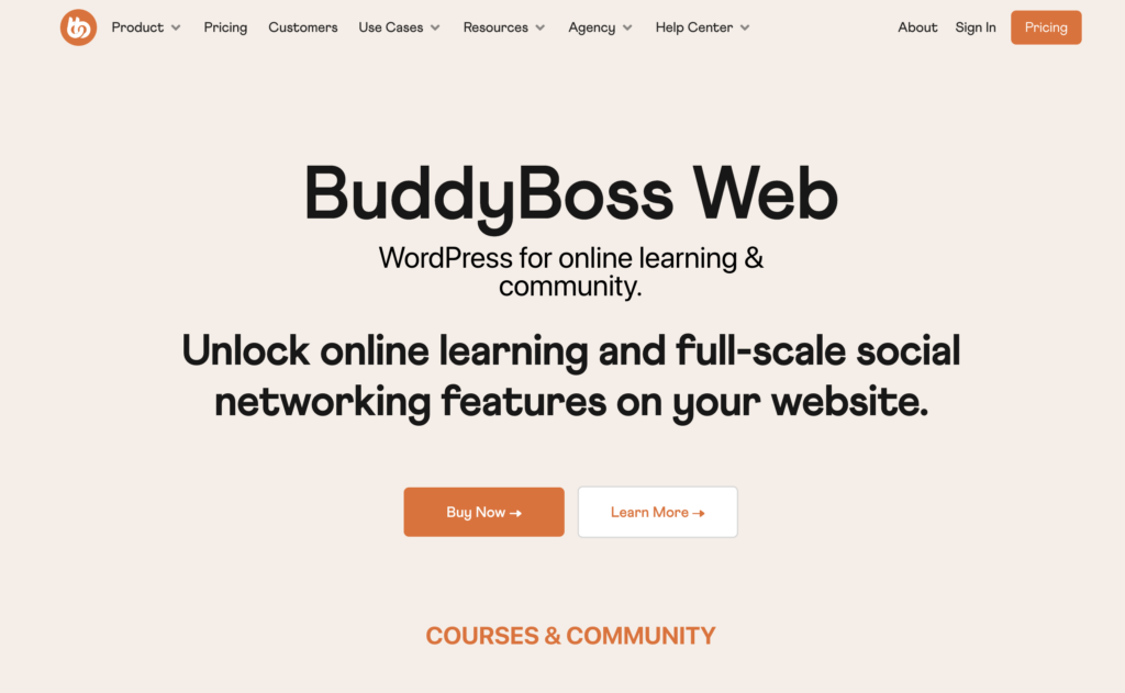 Screenshot 2026-07-24 at 14210 AM | MemberPress Hero banner: BuddyBoss Web โ WordPress for online learning and community, with Buy Now and Learn More CTAs.