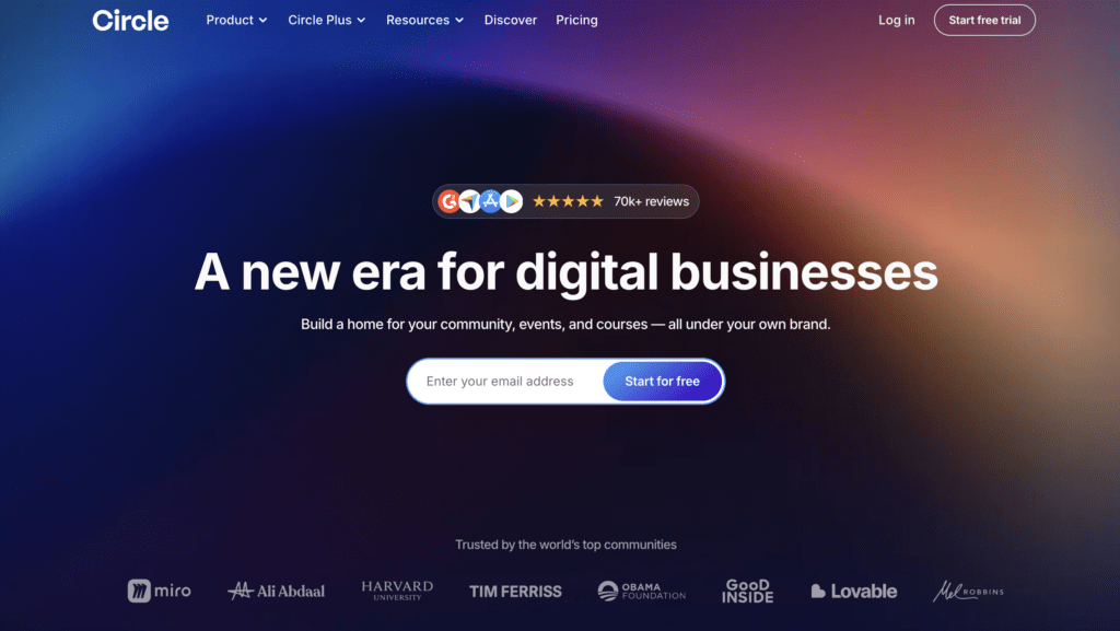 Screenshot 2026-07-24 at 14819 AM | MemberPress Circle hero banner with a blue-to-orange gradient background, large white headline reading 'A new era for digital businesses' and an email signup field beneath it.
