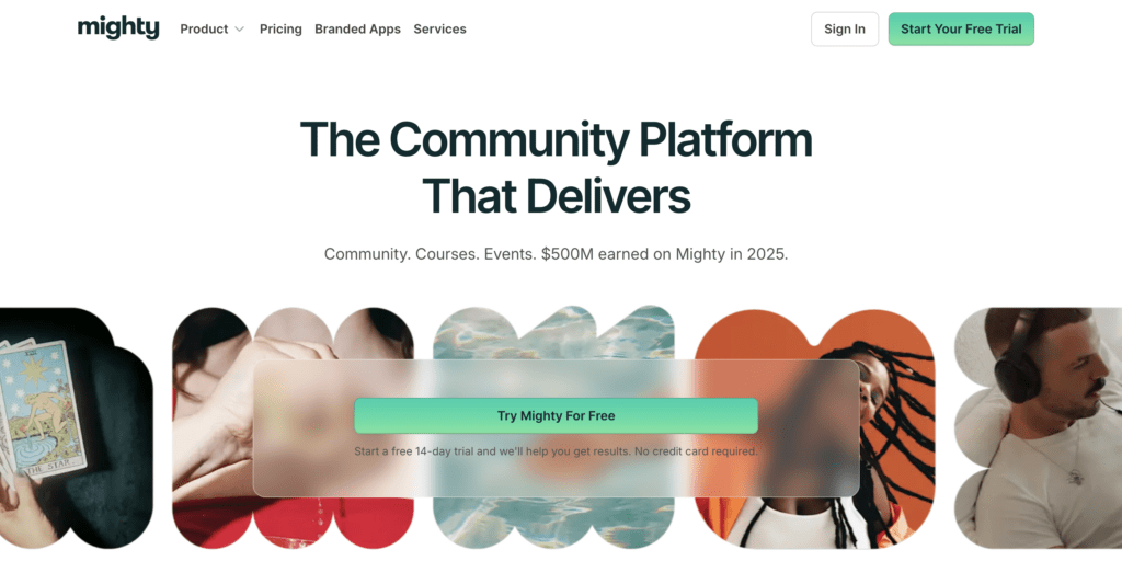 Screenshot 2026-07-24 at 14922 AM | MemberPress Mighty homepage hero: large headline 'The Community Platform That Delivers' with subheading about community, courses, events; colorful collage shapes at the bottom.
