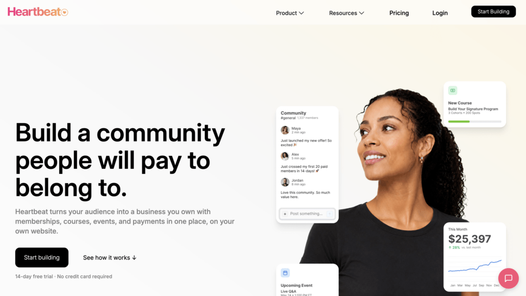 Screenshot 2026-07-24 at 15220 AM | MemberPress Smiling woman on the right with floating white UI cards showing community messages and course updates over a pale gradient background (website hero).
