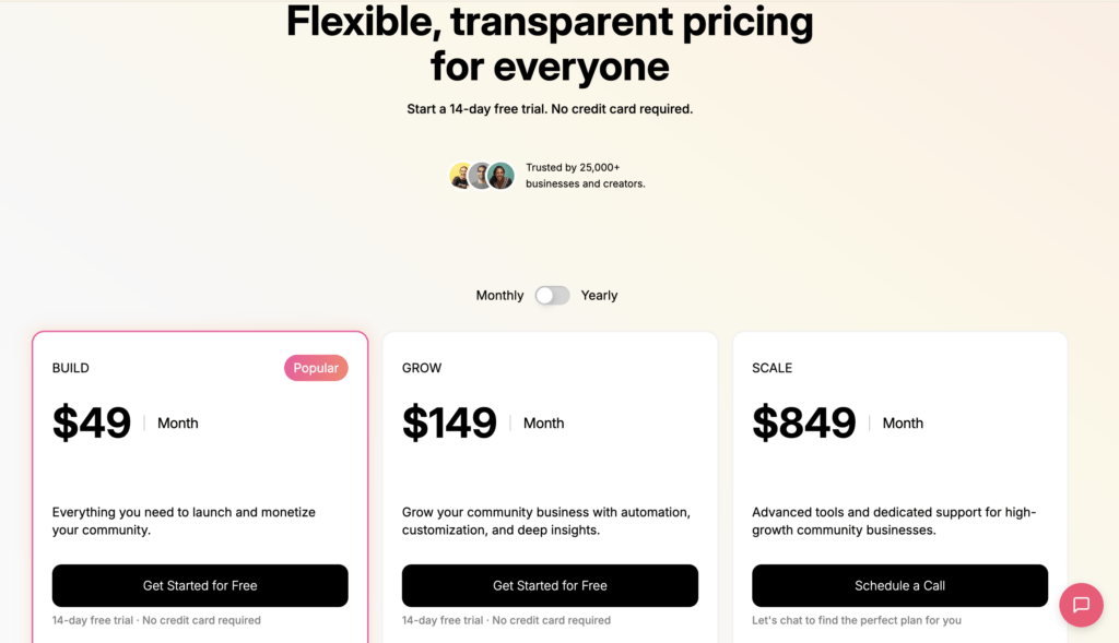 Screenshot 2026-07-24 at 15609 AM | MemberPress Pricing page hero: 'Flexible, transparent pricing for everyone' with a 14โday free trial and monthly/yearly toggle above three plan cards.