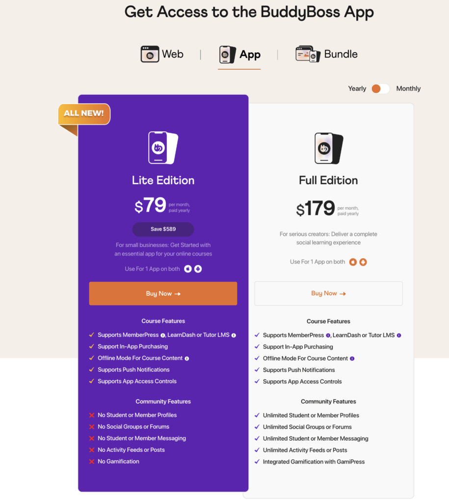 Screenshot 2026-07-24 at 51738 AM | MemberPress Pricing comparison: Left purple Lite Edition card with /month (billed yearly) and Buy Now button, right white Full Edition card with 9/month and Buy Now.