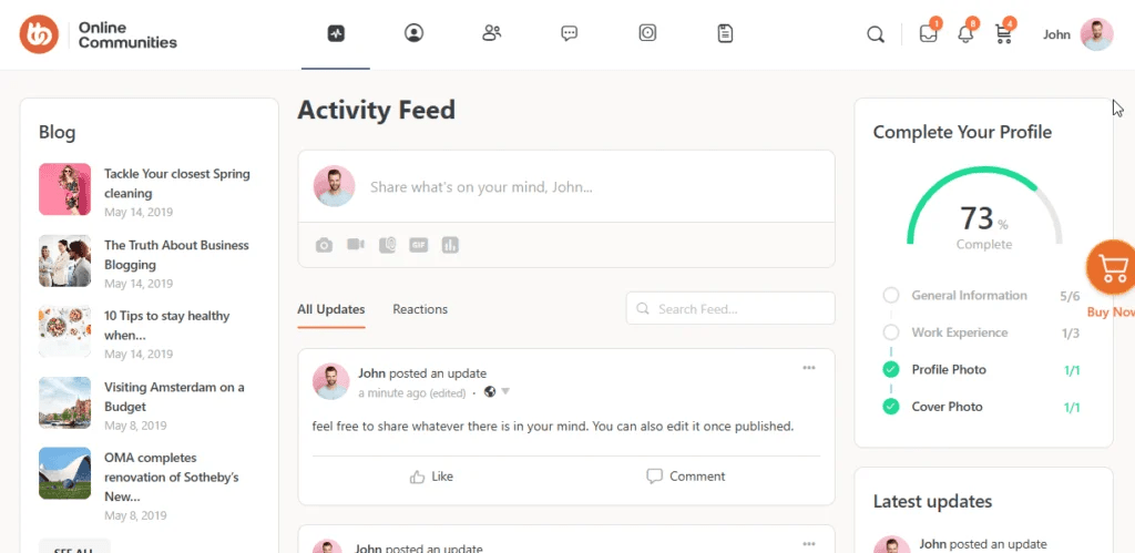 image | MemberPress Screenshot of a social network dashboard showing an Activity Feed, left Blog list, and a Complete Your Profile card on the right.