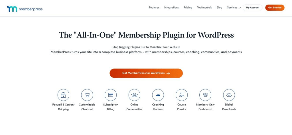 image | MemberPress Hero banner for MemberPress: 'The All-In-One Membership Plugin for WordPress' with an orange call-to-action button.