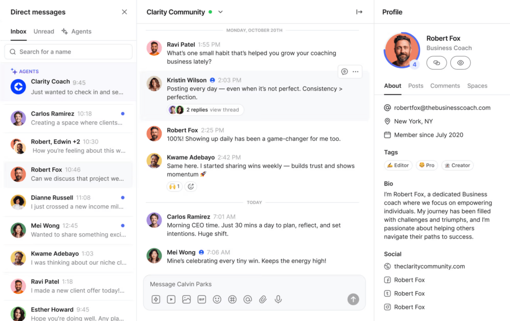 image | MemberPress Triple-panel messaging UI: left inbox with avatar list, center chat thread, right profile card for Robert Fox (Business Coach). Inset messages from Ravi Patel, Kristin Wilson, and others appear in the center column, with a message composer at bottom of the thread.