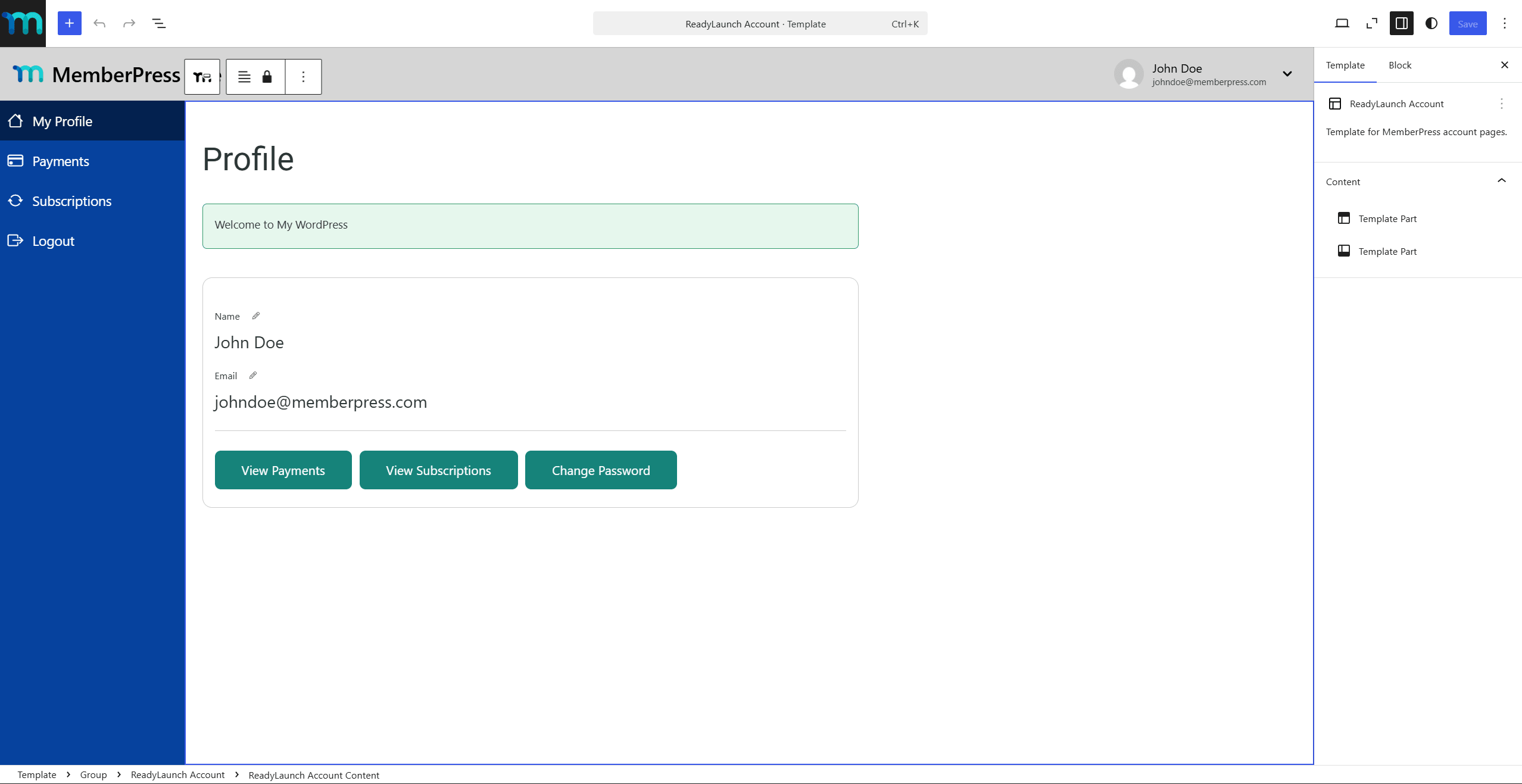 A membership template opened in the Site Editor