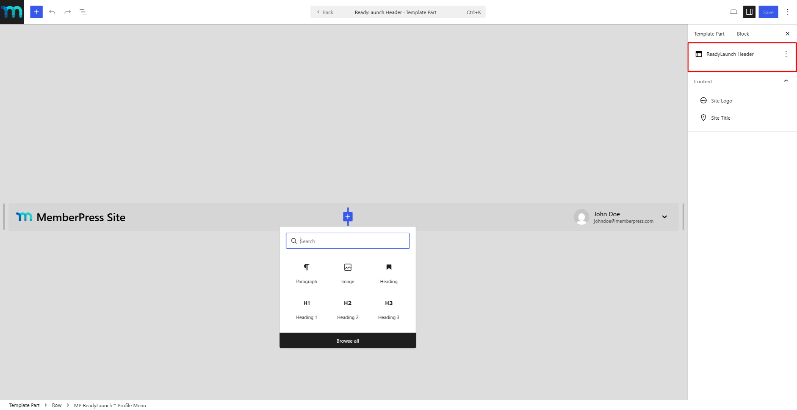 The shared header template part in the Site Editor