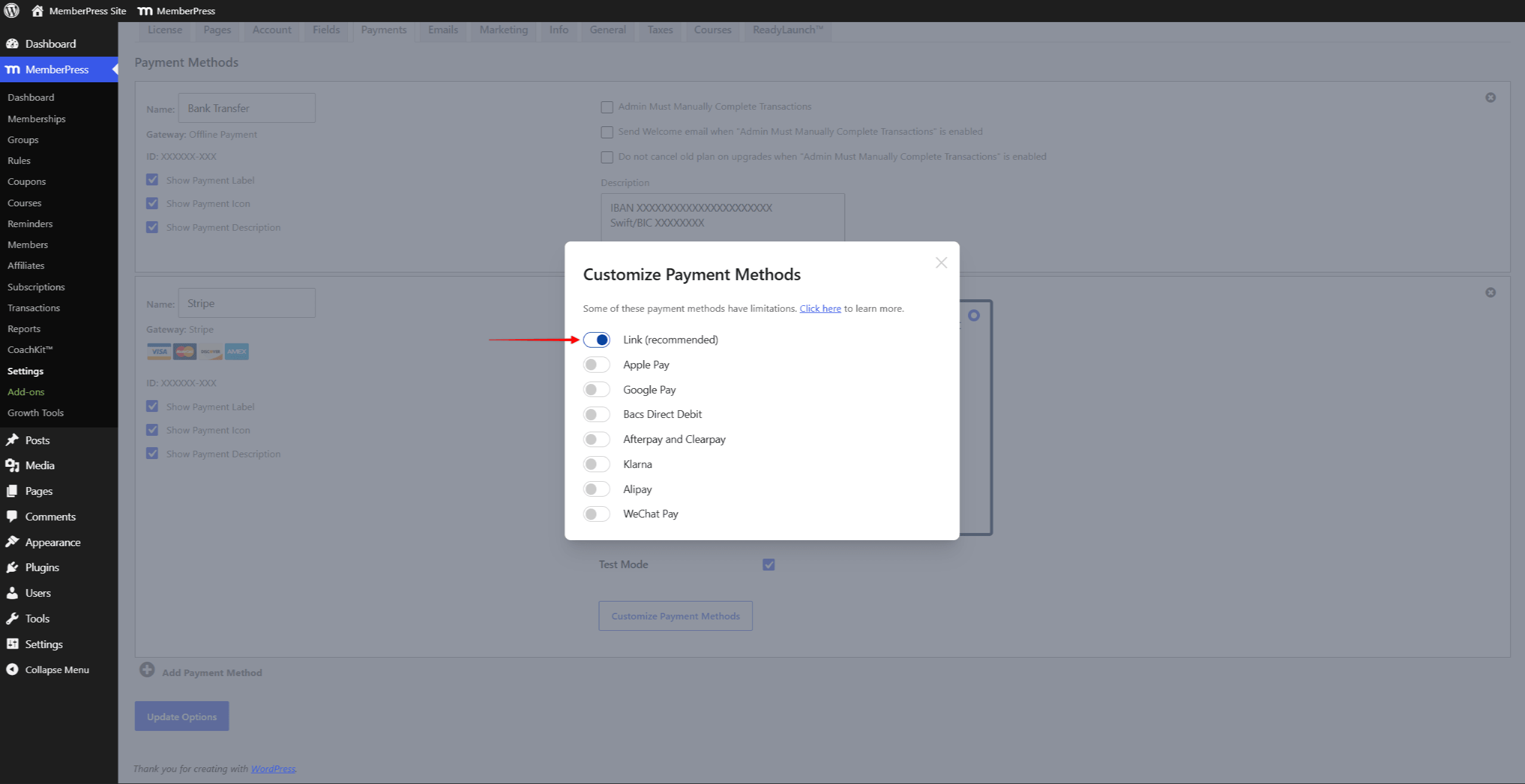 Enable Link option in MemberPress settings