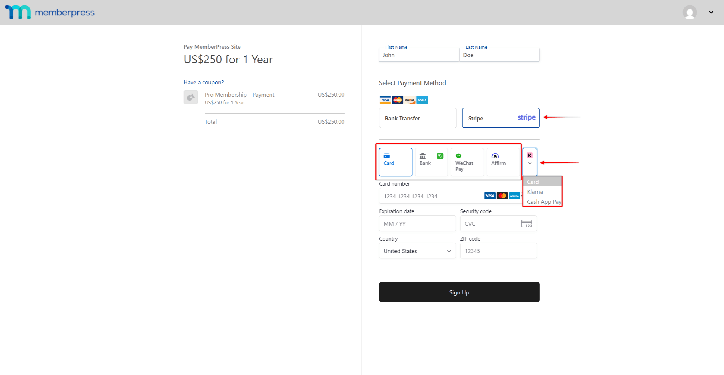 mepr-stripe-payment-methods-checkout | MemberPress Stripe payment methods at checkout