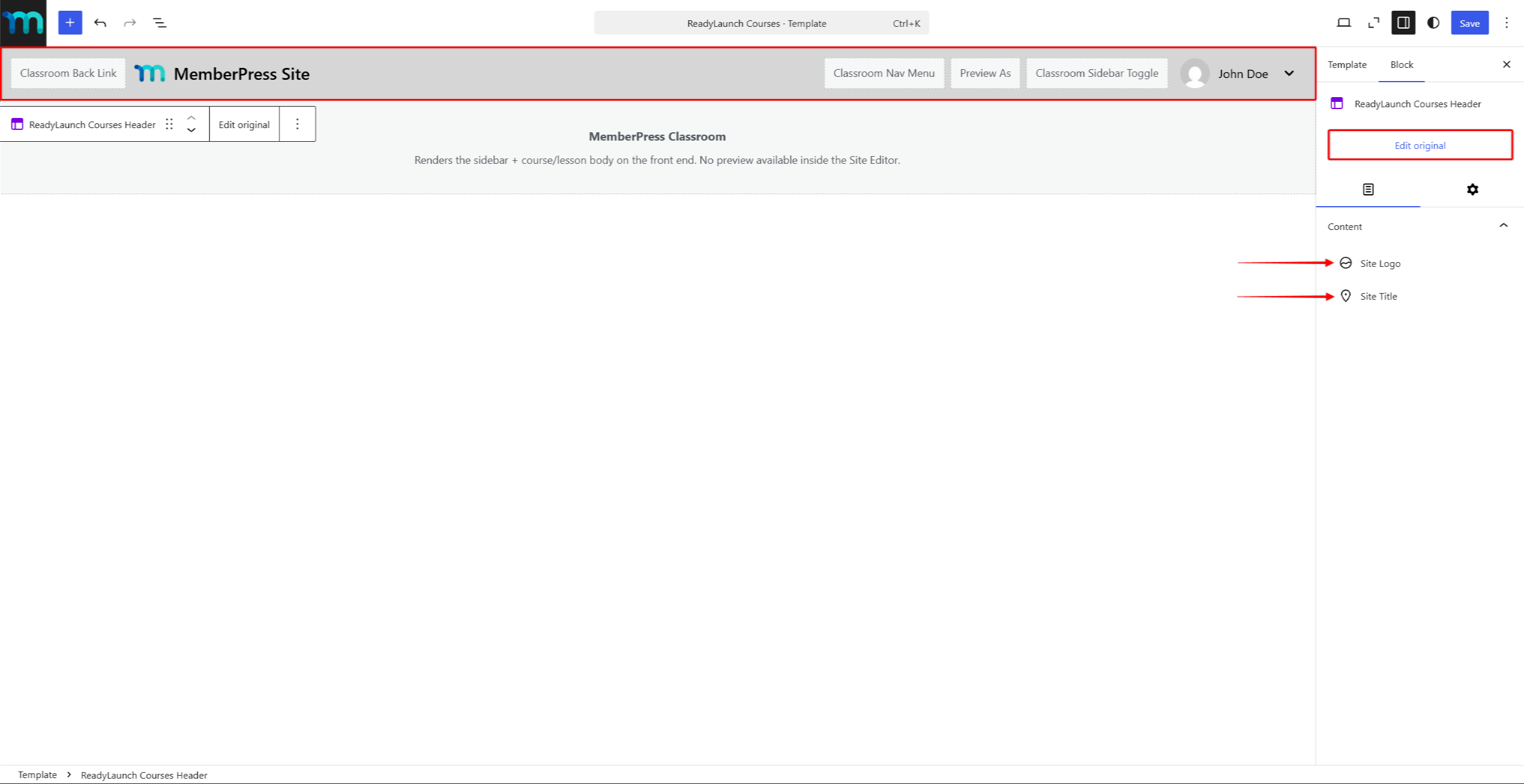mpcs-fse-courses-header | MemberPress The Edit original option for the ReadyLaunch Courses Header part