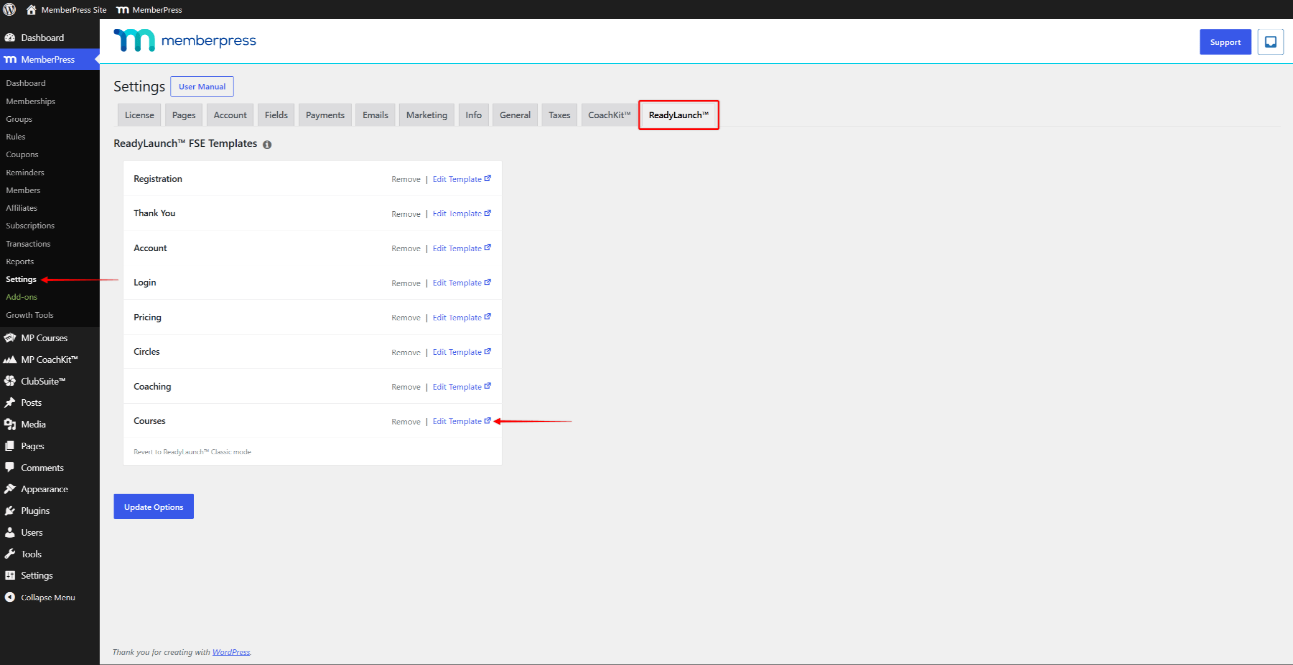 mpcs-fse-courses-template | MemberPress The Courses row in the ReadyLaunch™ FSE Templates table