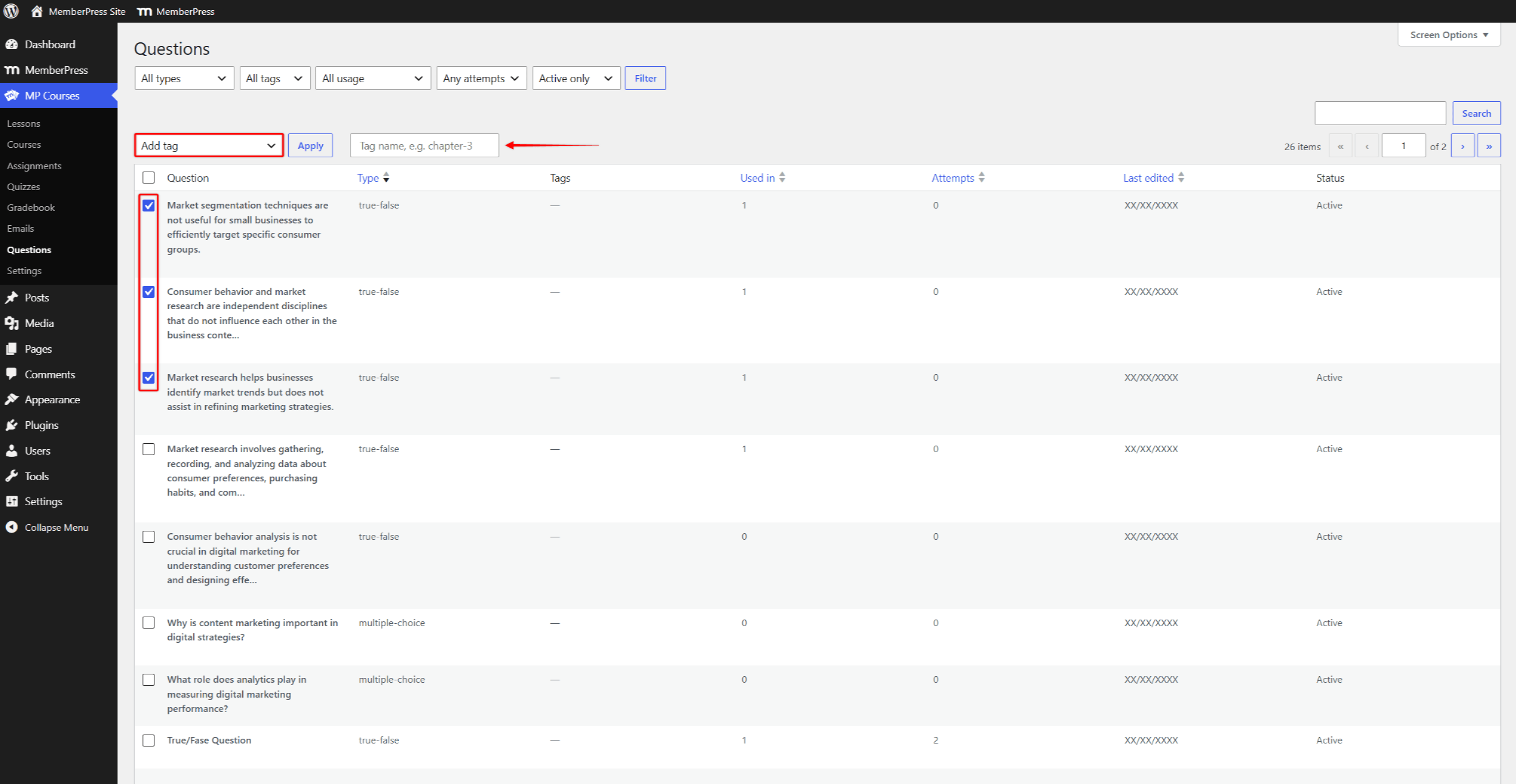 mpcs-questions-bulk-tag | MemberPress Marquage groupé des questions sélectionnées