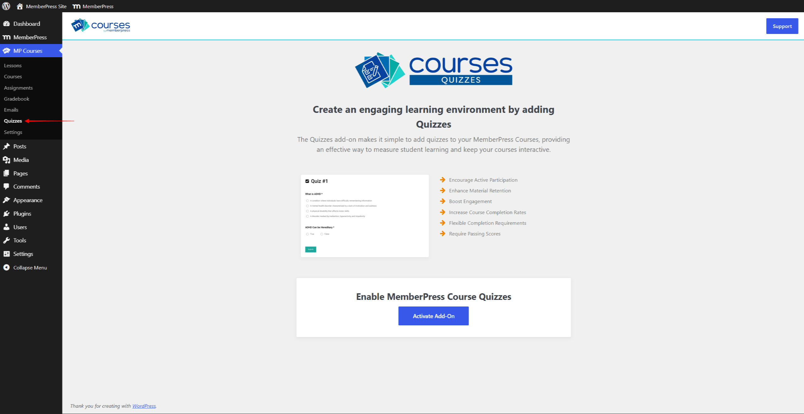 mpcs-quizzes-requiere-una-actualización-de-los-cursos | MemberPress El complemento de cuestionarios aparece como no activado