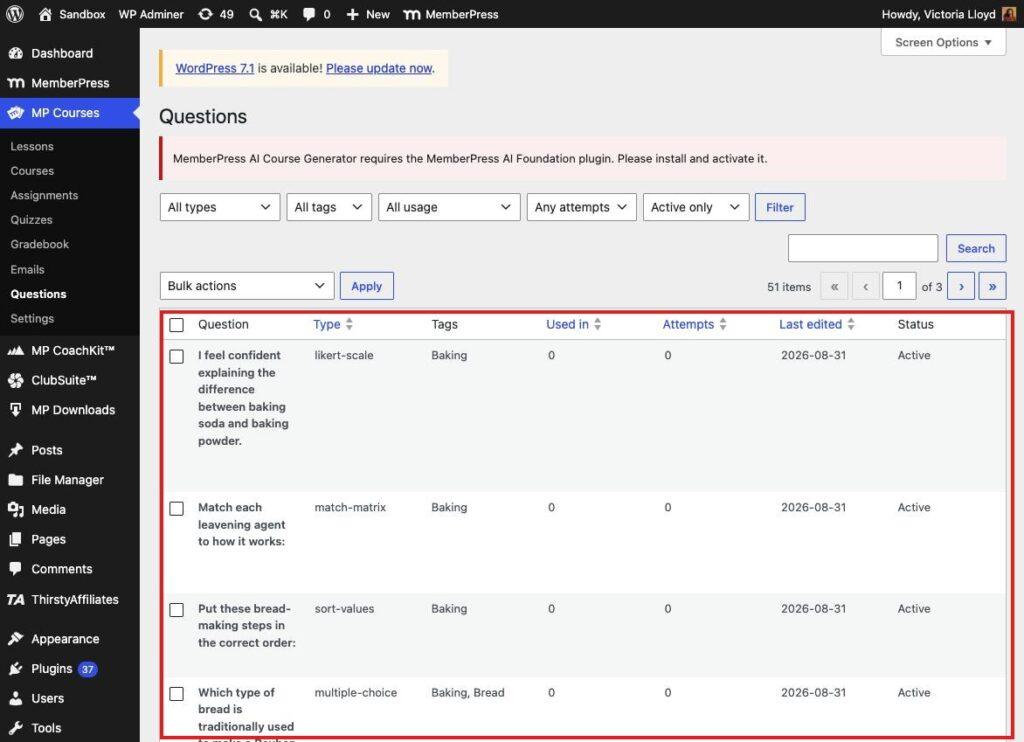 MemberPress admin Questions list showing all quiz questions in one table, highlighted.