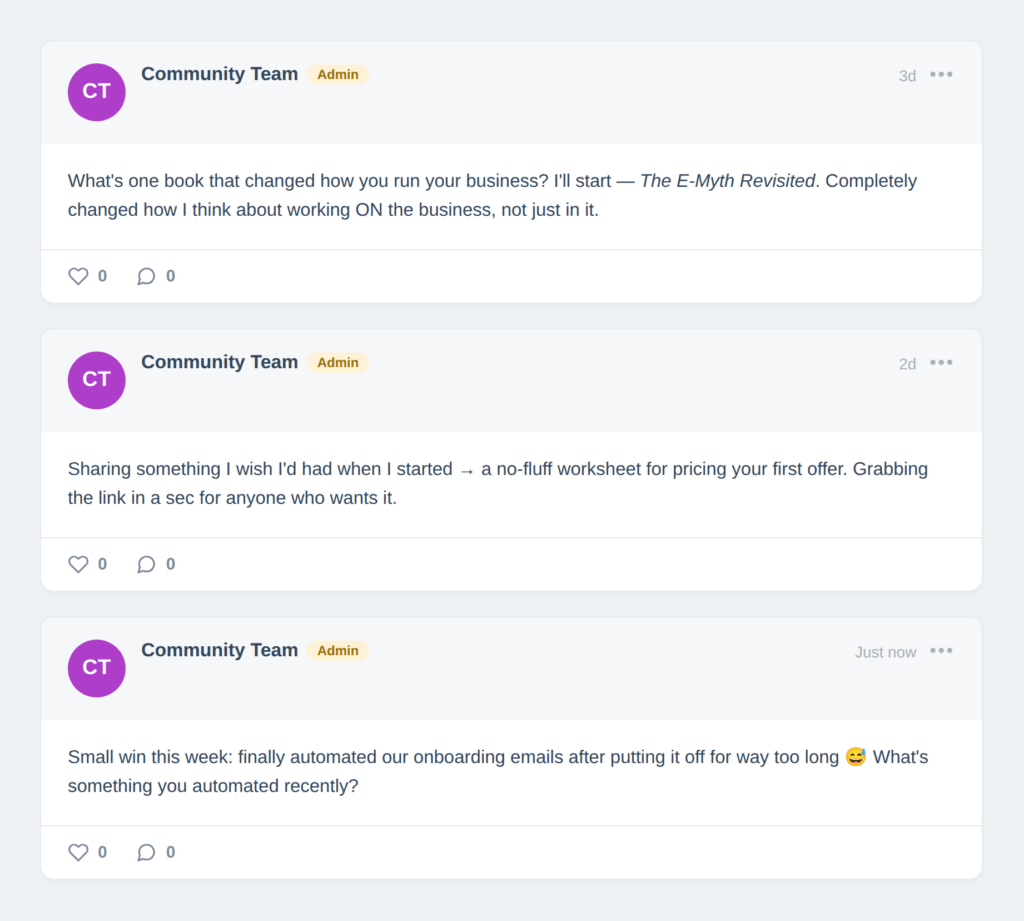 ClubCircles 01-seed-content-yourself | MemberPress Screenshot of a ClubCircles community feed showing three admin-posted threads with zero replies yet, seeded before members joined.