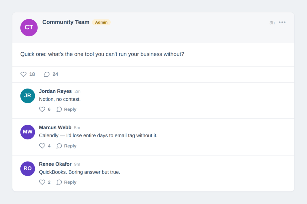 ClubCircles 02-ask-something-specific | MemberPress ClubCircles community post asking "What's the one tool you can't run your business without?" with several quick member replies.